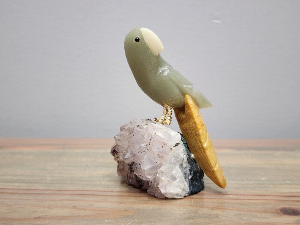 Vintage Hand Carved Gemstone Parrot On Amethyst 3"